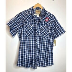 Wrangler Western Short Sleeve Pearl Snap Shirt NWT Blue White